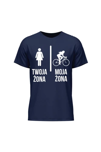 Koszulka męska Twoja żona vs Moja żona jazda na rowerze