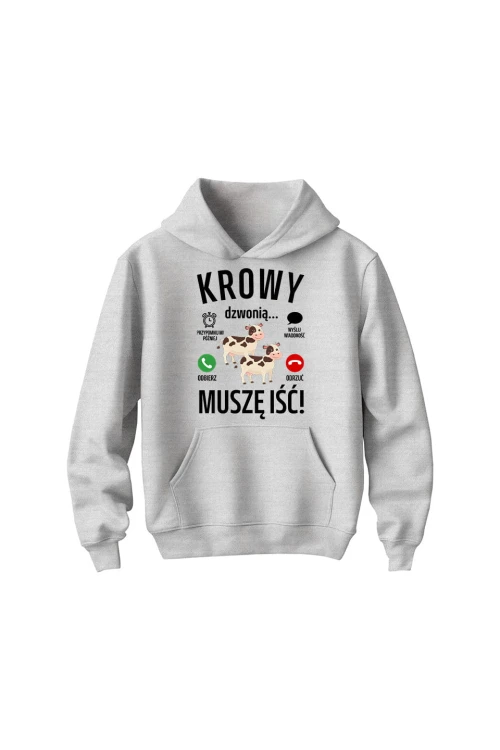 Bluza dziecięca z kapturem Krowy dzwonią muszę iść - szara