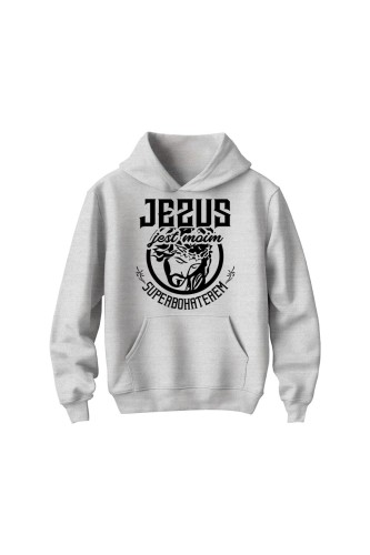 Bluza dziecięca z kapturem Jezus jest moim superbohaterem - szara