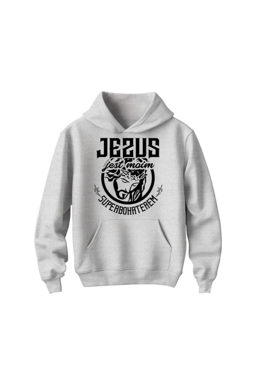 Bluza dziecięca z kapturem Jezus jest moim superbohaterem - szara