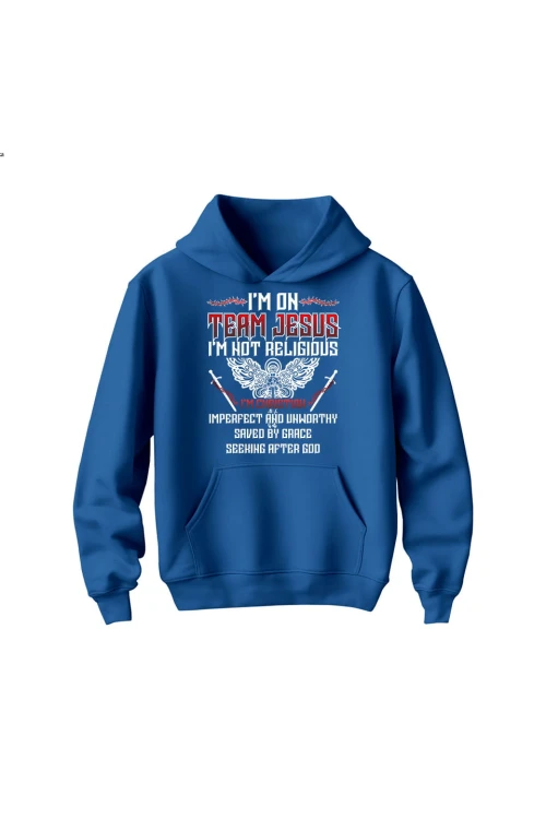 Bluza dziecięca z kapturem I'm on team Jesus - niebieska
