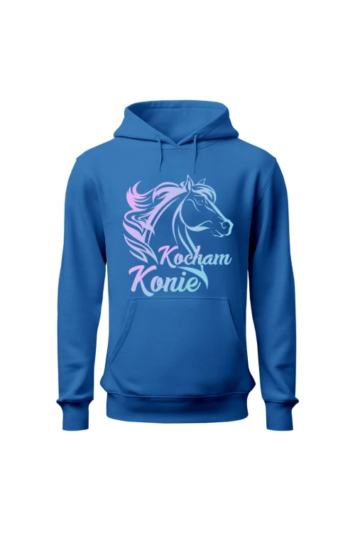 Bluza damska z kapturem Kocham konie - niebieska