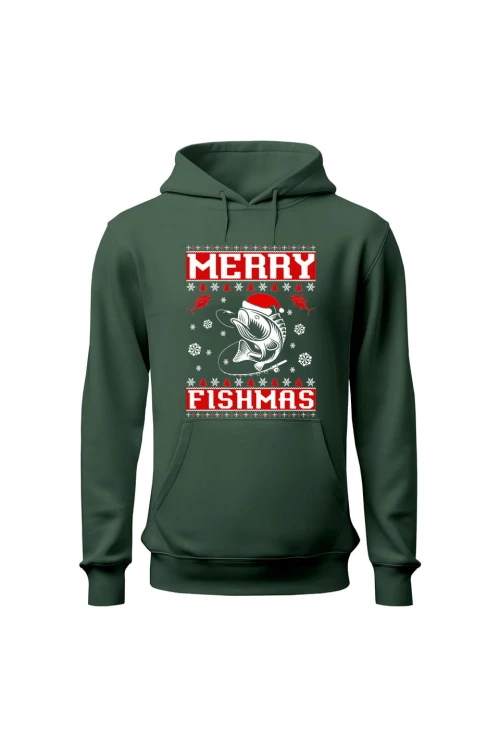 Bluza męska z kapturem Merry Fishmas - zielona