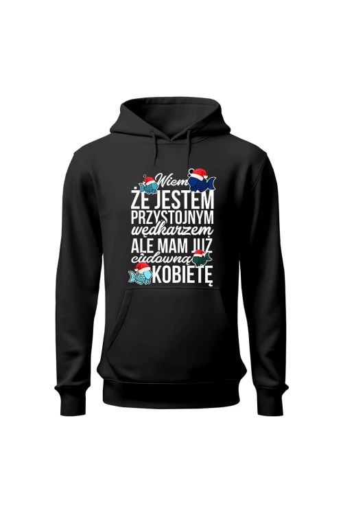 Bluza męska z kapturem Świąteczna wersja Wiem że jest przystojnym wędkarz - czarna