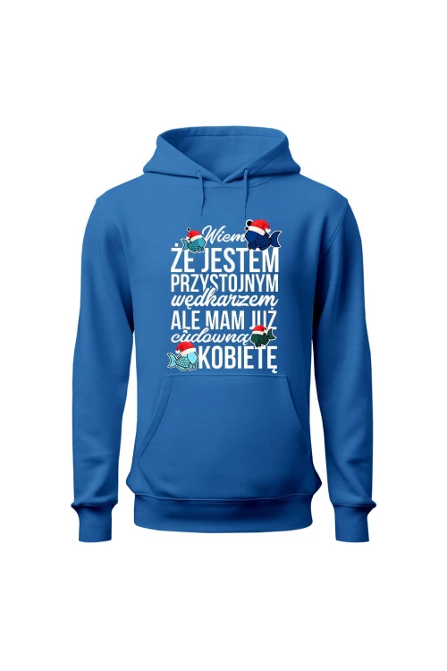 Bluza męska z kapturem Świąteczna wersja Wiem że jest przystojnym wędkarz - niebieska