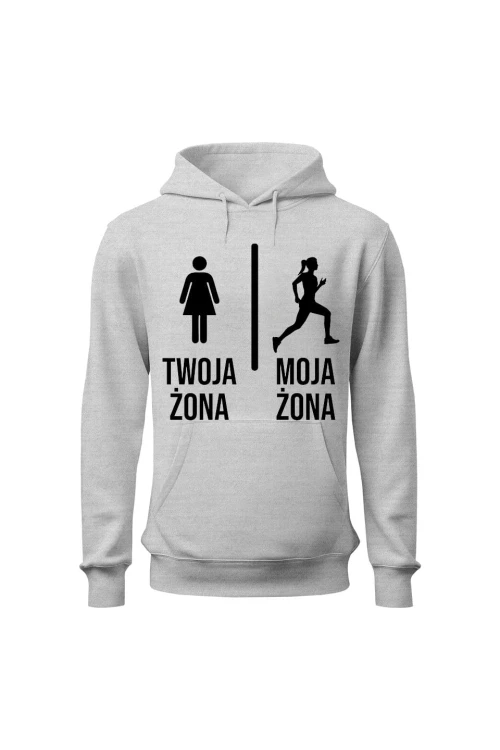 Bluza męska z kapturem Twoja żona vs Moja żona Bieganie - szara