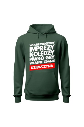 Bluza męska z kapturem Wolne wieczory imprezy koledzy piwko gry własne zdanie - zielona