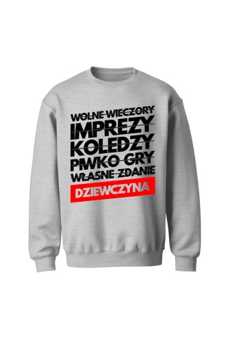 Bluza bez kaptura Wolne wieczory imprezy koledzy piwko gry własne zdanie - szara