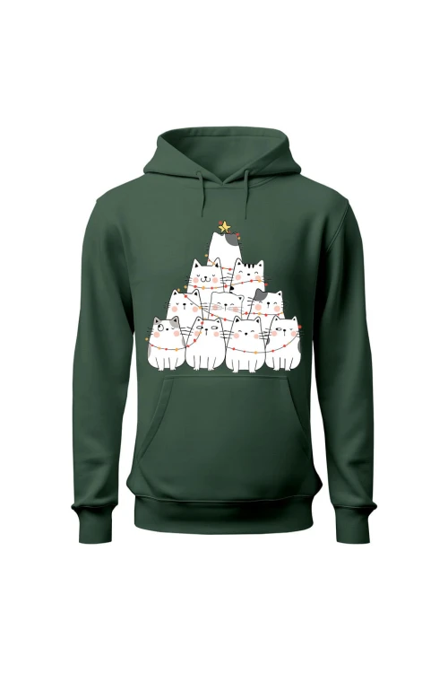 Bluza męska z kapturem Z choinką z kotków - zielona