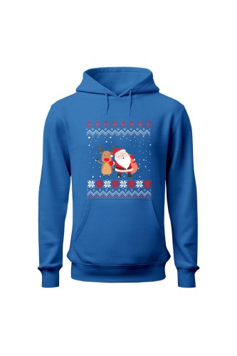 Bluza męska z kapturem Mikołaj z reniferm - niebieska