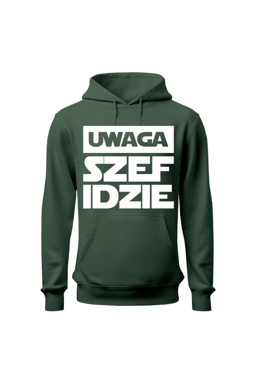 Bluza męska z kapturem Uwaga szef idzie - zielona
