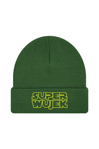 Czapka zimowa Super wujek żółty napis - ciemnozielona