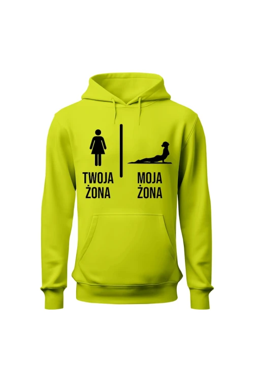 Bluza męska z kapturem Twoja żona vs Moja żona joga - limonka
