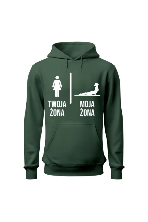 Bluza męska z kapturem Twoja żona vs Moja żona joga - zielona