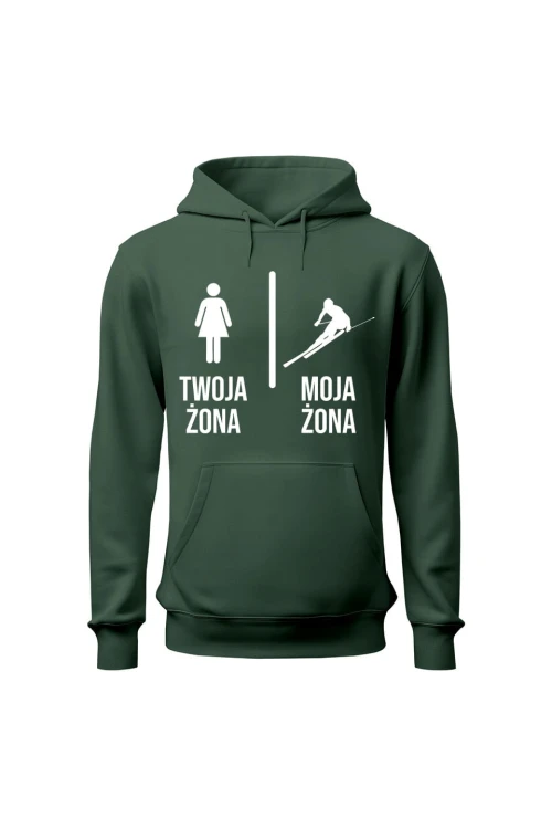 Bluza męska z kapturem Twoja żona vs Moja żona narciarstwo - zielona