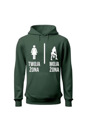 Bluza męska z kapturem Twoja żona vs Moja żona kettlebells - zielona