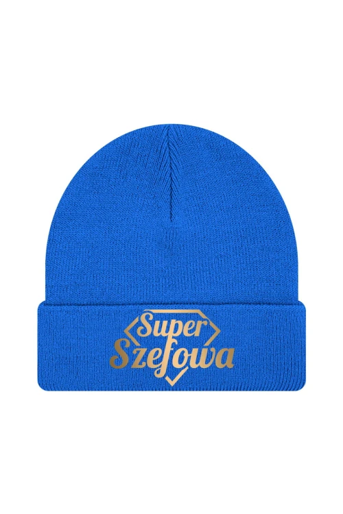 Czapka zimowa Super Szefowa złoty nadruk - niebieska