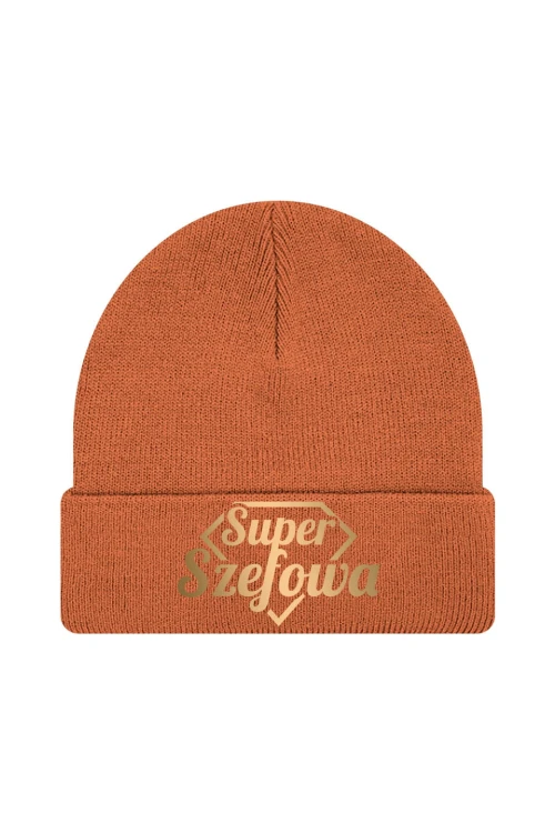 Czapka zimowa Super Szefowa złoty nadruk - pomarańczowa