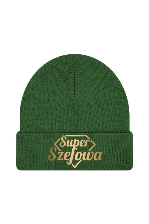 Czapka zimowa Super Szefowa złoty nadruk - ciemnozielona