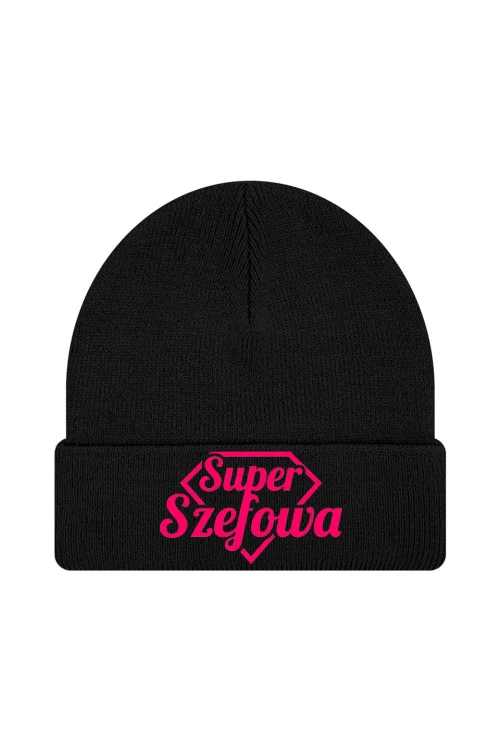 Czapka zimowa Super Szefowa różowy nadruk - czarna