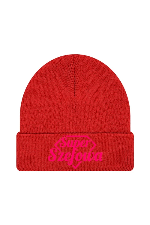 Czapka zimowa Super Szefowa różowy nadruk - czerwona