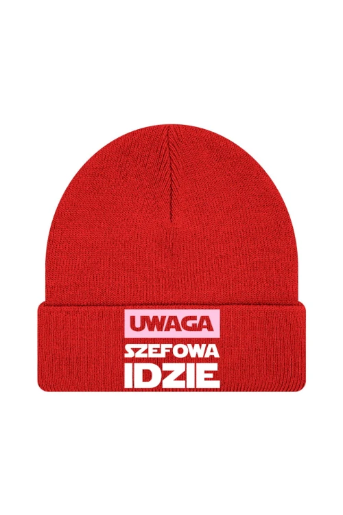 Czapka zimowa Uwaga Szefowa Idzie - czerwona