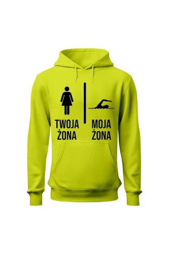 Bluza męska z kapturem Twoja żona vs Moja żona pływanie - limonka