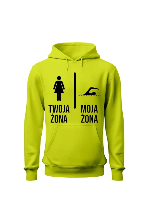 Bluza męska z kapturem Twoja żona vs Moja żona pływanie - limonka