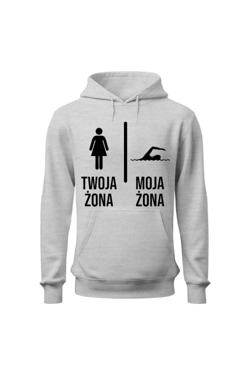Bluza męska z kapturem Twoja żona vs Moja żona pływanie - szara