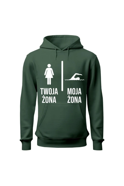 Bluza męska z kapturem Twoja żona vs Moja żona pływanie - zielona