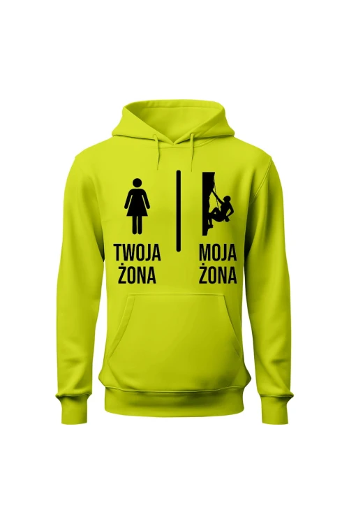 Bluza męska z kapturem Twoja żona vs Moja żona wspinaczka - limonka