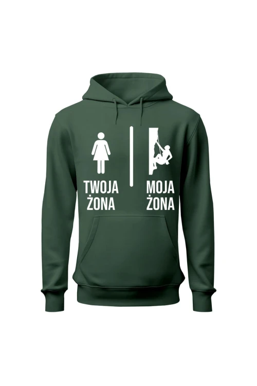 Bluza męska z kapturem Twoja żona vs Moja żona wspinaczka - zielona