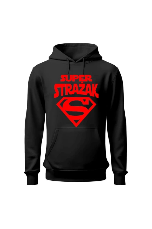 Bluza męska z kapturem Super strażak czerwony - czarna