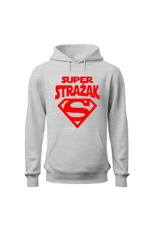 Bluza męska z kapturem Super strażak czerwony - szara