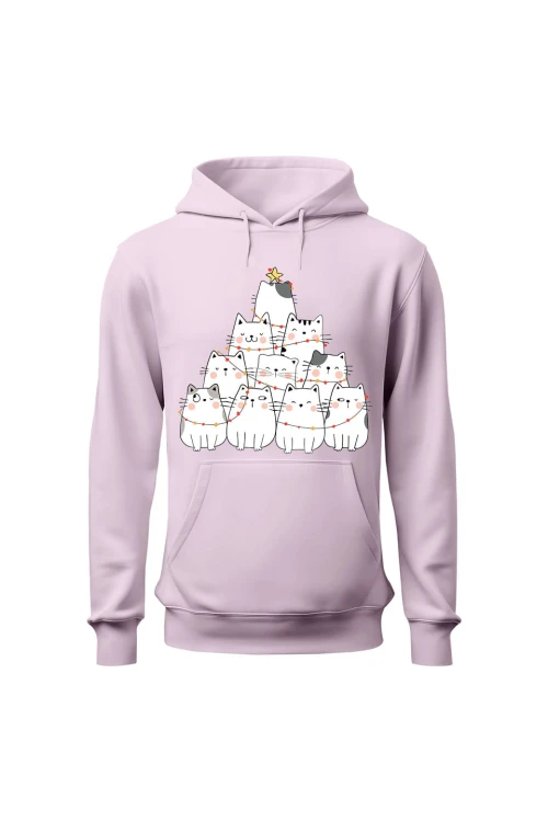 Bluza damska z kapturem Z choinką z kotków - różowa