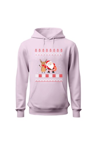Bluza damska z kapturem Mikołaj z reniferem - różowa