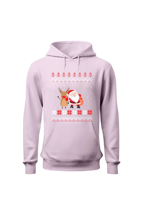 Bluza damska z kapturem Mikołaj z reniferem - różowa