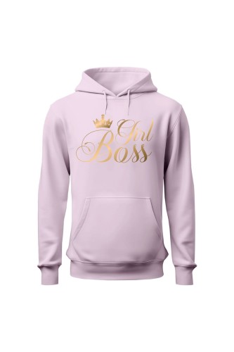 Bluza damska z kapturem Girl Boss złoty nadruk - różowa