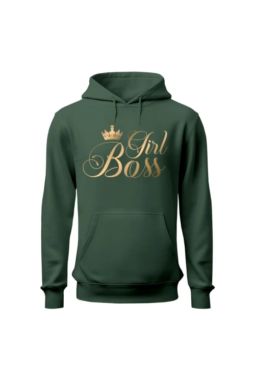 Bluza damska z kapturem Girl Boss złoty nadruk - zielona