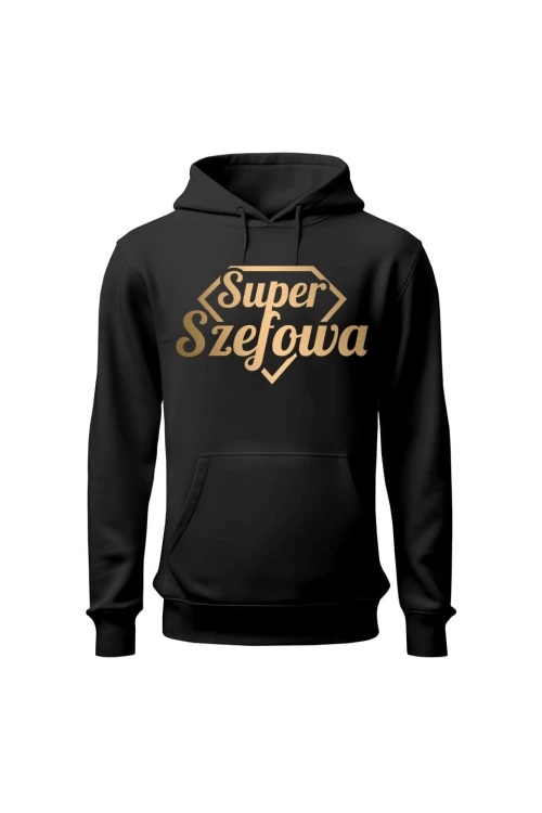 Bluza damska z kapturem Super Szefowa złoty nadruk - czarna
