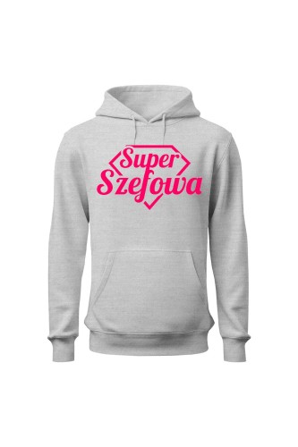 Bluza damska z kapturem Super Szefowa różowy nadruk - szara