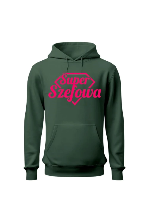 Bluza damska z kapturem Super Szefowa różowy nadruk - zielona