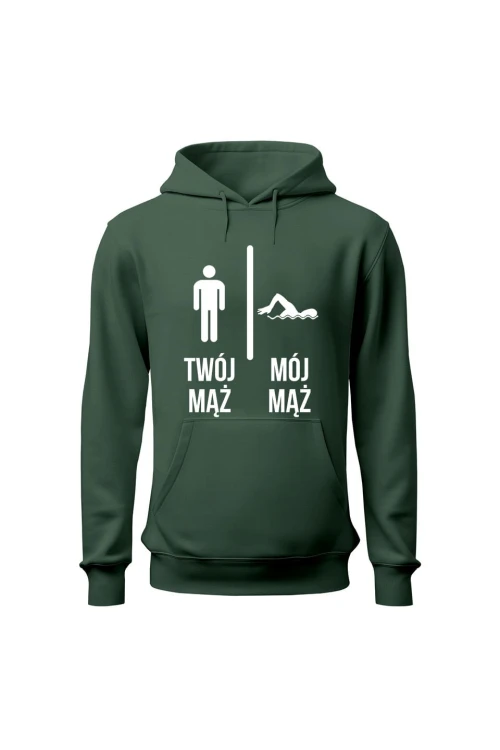 Bluza damska z kapturem Twój mąż vs Mój mąż pływanie - zielona