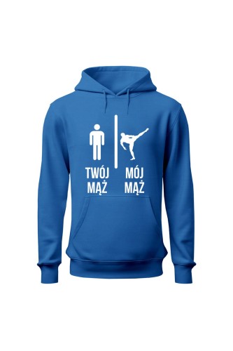 Bluza damska z kapturem Twój mąż vs Mój mąż karate - niebieska