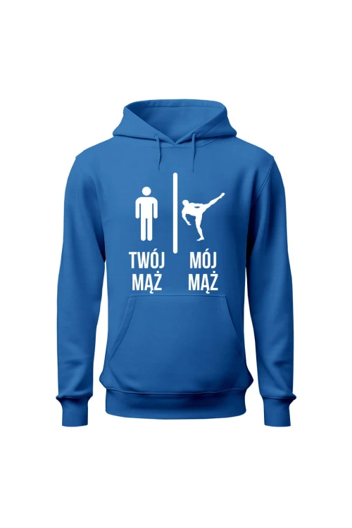 Bluza damska z kapturem Twój mąż vs Mój mąż karate - niebieska