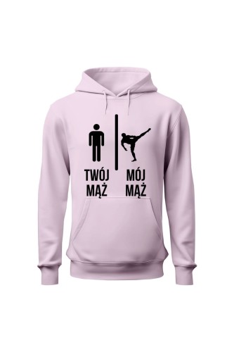 Bluza damska z kapturem Twój mąż vs Mój mąż karate - różowa