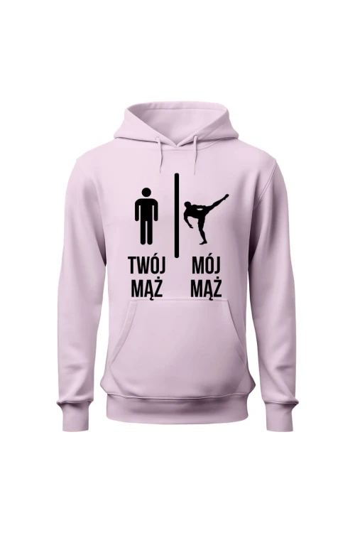Bluza damska z kapturem Twój mąż vs Mój mąż karate - różowa