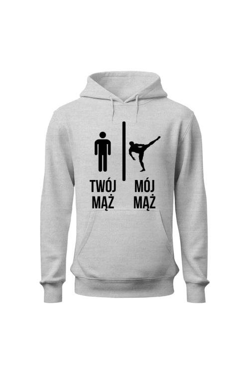 Bluza damska z kapturem Twój mąż vs Mój mąż karate - szara