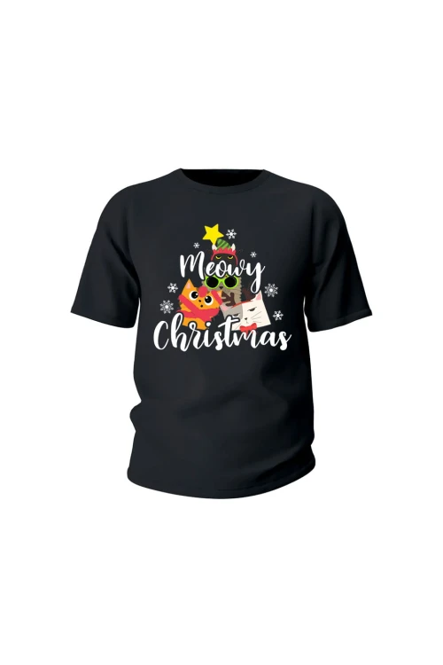 Koszulka dziecięca Meowy Christmas - czarna