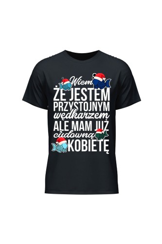 Koszulka męska Świąteczna wersja Wiem że jest przystojnym wędkarz - czarna